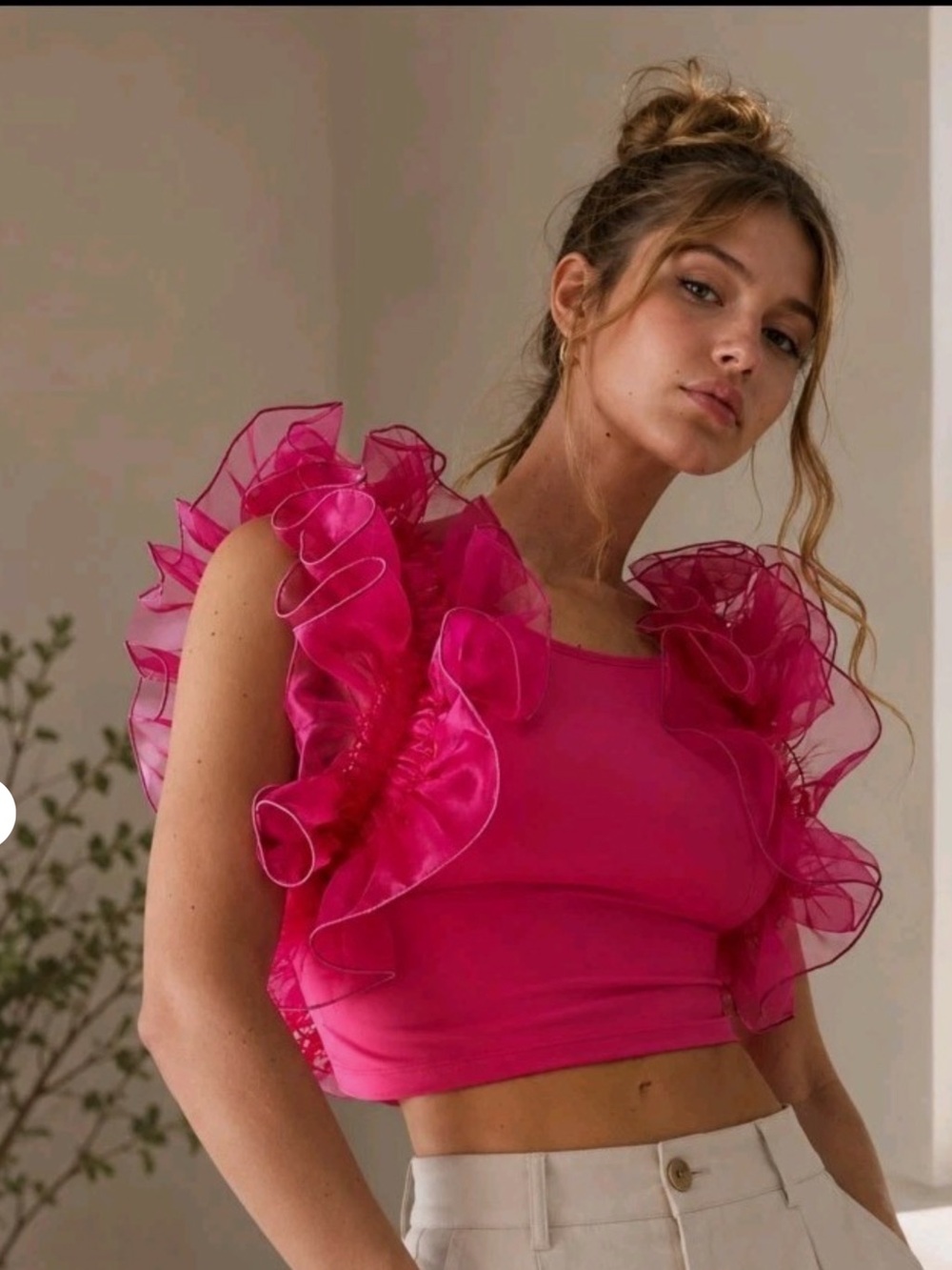FREE PEOPLE INTIMATELY House Party Crop Top Tulle Ruffle Sleeve Hot Pink | S